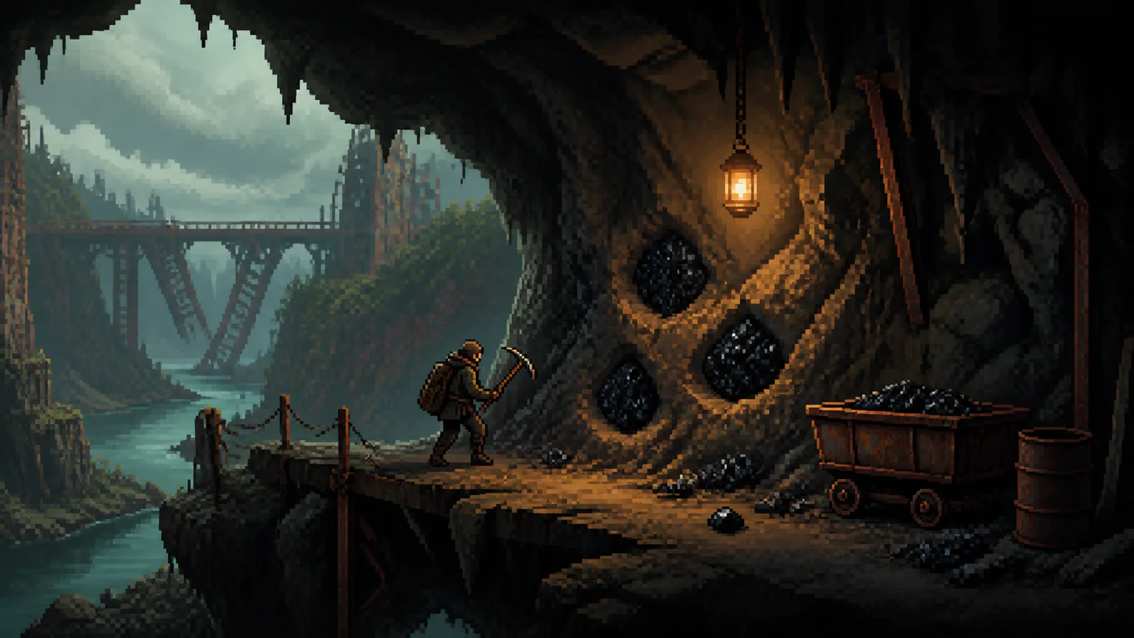 Editorial pixel-art illustration of a hidden River Valley Coal cave