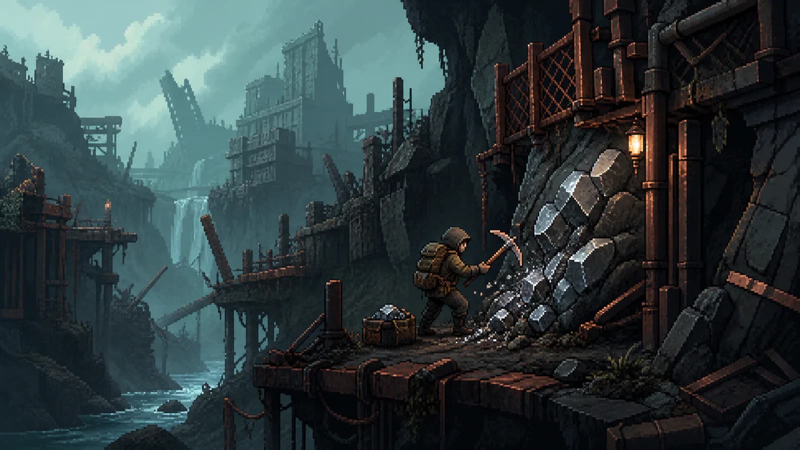 Editorial pixel-art illustration of mining Iron Ore in River Valley