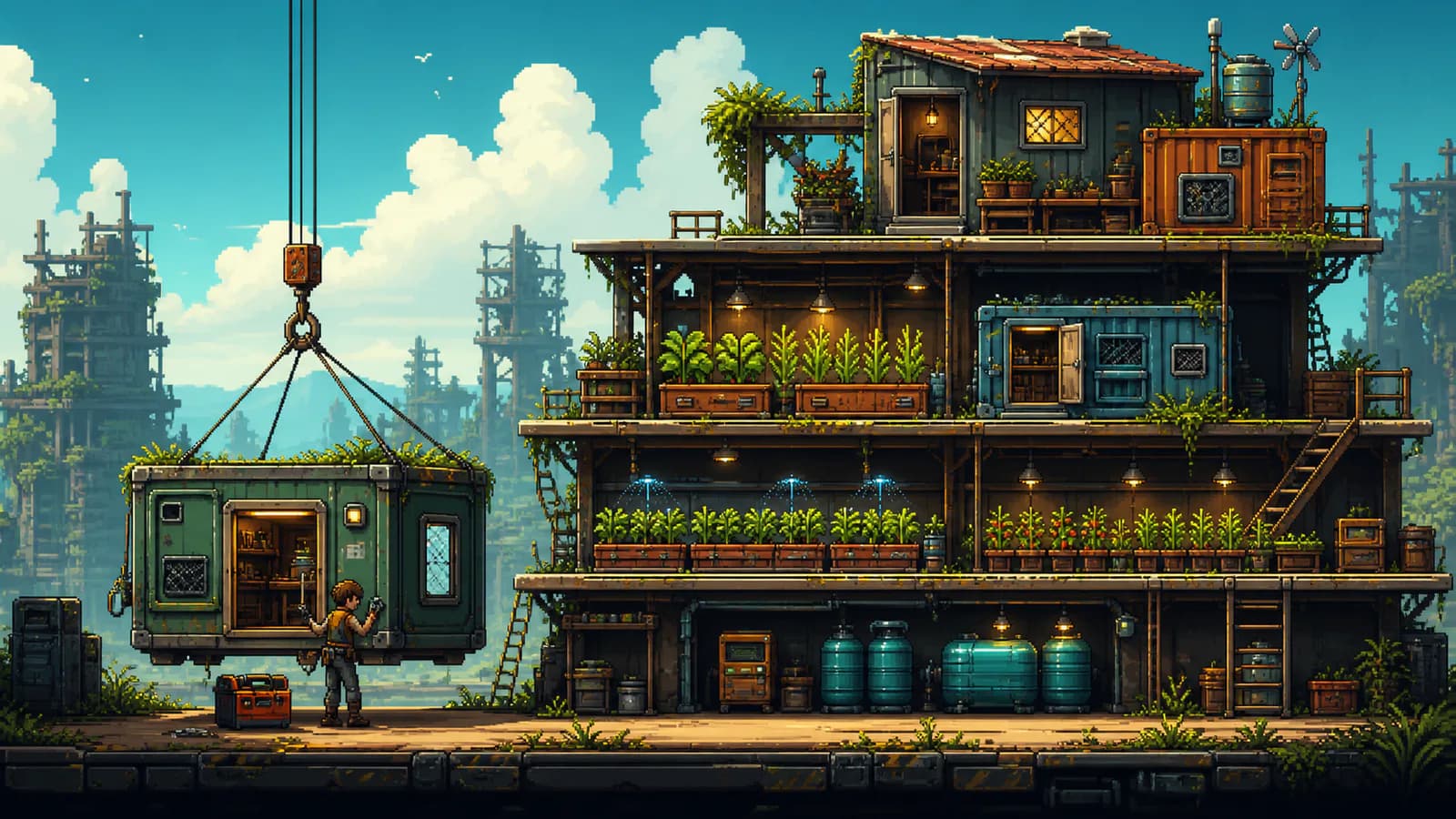 Editorial pixel-art illustration of reorganizing a vertical farm building layout