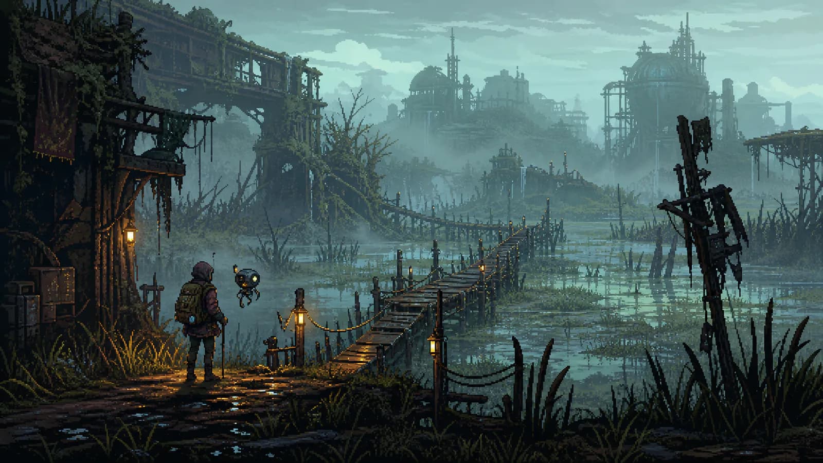 Editorial pixel-art illustration of a late-game Wetlands route entrance